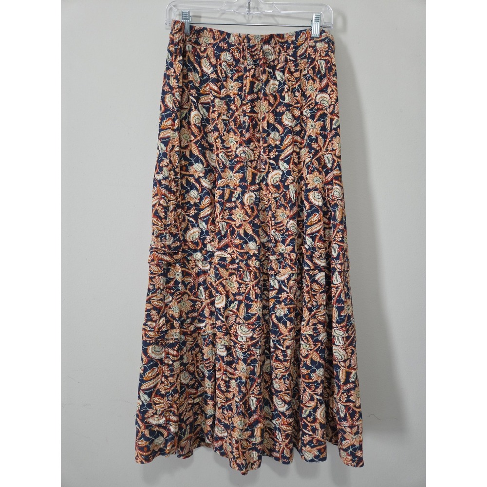 Wonderly Floral Paisley Tiered Maxi Skirt XL Navy Rust Boho Rayon Crinkle Flowy